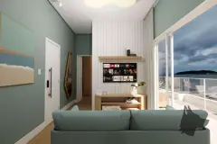 Sala de estar com sofá verde, rack branco com TV e janela com vista panorâmica para o mar à noite — Beriyth Residence em Cachoeira do Bom Jesus, Florianópolis