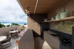 Espaço gourmet no rooftop com bancada em granito, banquetas, teto em madeira ripada e vista para o mar — Beriyth Residence em Cachoeira do Bom Jesus, Florianópolis