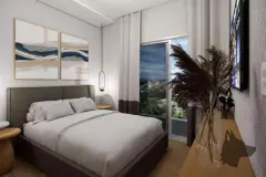 Dormitório com cama de casal, parede cinza com quadros de mar e TV, janela com vista para cidade e morro — Beriyth Residence em Cachoeira do Bom Jesus, Florianópolis