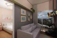 Sala de estar com sofá cinza, estante com plantas e vista para a sala de jantar integrada — Beriyth Residence em Cachoeira do Bom Jesus, Florianópolis