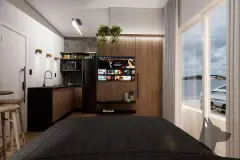 Studio com cama de casal, cozinha integrada em L, TV em painel de ripas e janela com vista para o mar — Beriyth Residence em Cachoeira do Bom Jesus, Florianópolis