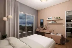 Dormitório com cama de casal, penteadeira clara, prateleiras e janela com vista para a baía à noite — Beriyth Residence em Cachoeira do Bom Jesus, Florianópolis