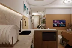 Vista aérea do Beriyth Residence com logotipo, vizinhança de casas, baia com barcos e montanhas ao fundo — Beriyth Residence em Cachoeira do Bom Jesus, Florianópolis