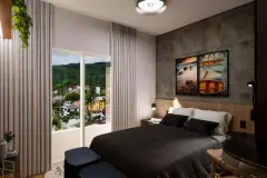 Dormitório com cama de casal, parede de cimento e janela com vista para o bairro de Cachoeira do Bom Jesus — Beriyth Residence em Cachoeira do Bom Jesus, Florianópolis