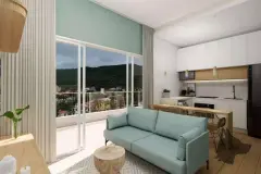 Sala de estar com sofá azul claro, cozinha integrada branca e janela com vista para o morro verdejante — Beriyth Residence em Cachoeira do Bom Jesus, Florianópolis