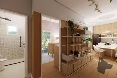 Hall com prateleira divisória em metal, banheiro com parede 3D à esquerda, quarto infantil e sala de jantar ao fundo — Beriyth Residence em Cachoeira do Bom Jesus, Florianópolis