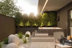 Garden privativo com jacuzzi embutida, jardim iluminado com esferas de pedra e mesa de jantar à direita — BG Connect Canas em Canasvieiras, Florianópolis