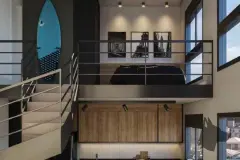 Duplex com mezanino, escada metálica, cama no andar superior e janelas amplas com vista para a cidade — BG Connect Canas em Canasvieiras, Florianópolis