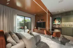 Studio com cama de casal, TV em rack de madeira, mesa de trabalho e varanda com hidromassagem ao fundo — BG Connect Canas em Canasvieiras, Florianópolis