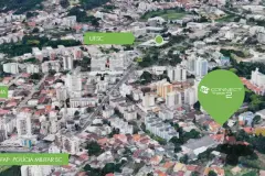 Vista aérea do bairro Trindade com pin de localização do BG Connect Trindade 2 próximo à UFSC — BG Connect Trindade 2 em Trindade, Florianópolis
