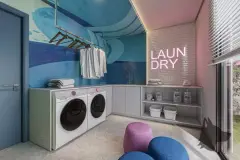 Lavanderia coletiva com duas máquinas de lavar, prateleiras, bancada e letreiro neon Laundry rosa — BG Connect Trindade 2 em Trindade, Florianópolis