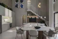 Sala de jantar e cozinha integrada em duplex, mesa oval em mármore, escada de madeira e sofá branco — Bohn Residence em Ingleses, Florianópolis