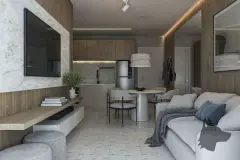 Sala de estar integrada à cozinha, sofá cinza, painel de TV em mármore, mesa redonda e rack de madeira — Bohn Residence em Ingleses, Florianópolis