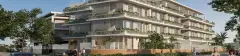 Perspectiva frontal da fachada do Brisa do Leste Residence, edifício com varandas verdes e jardins em cada andar na Barra da Lagoa — Brisa do Leste Residence em Barra da Lagoa, Florianópolis
