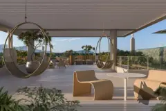 Terraço coberto com cadeiras suspensas de vime, sofá, mesa redonda e vista para as montanhas da Barra da Lagoa — Brisa do Leste Residence em Barra da Lagoa, Florianópolis