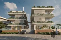Perspectiva frontal com dois blocos do Brisa do Leste Residence, varandas verdes e entrada com jardim — Brisa do Leste Residence em Barra da Lagoa, Florianópolis