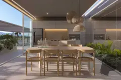 Salão de festas gourmet com mesa longa em madeira, cadeiras de palha, pendentes de vime, ilha e cozinha integrada — Brisa do Leste Residence em Barra da Lagoa, Florianópolis