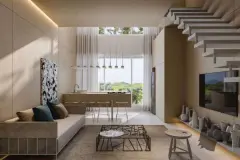 Duplex — sala de estar com sofá, mesa de centro geométrica, cozinha com ilha e escada flutuante ao fundo — Brisa do Leste Residence em Barra da Lagoa, Florianópolis