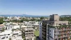 Vista aérea do Brizz Smart Stay em Cachoeira do Bom Jesus com o bairro e a Baía Norte ao fundo — Brizz Smart Stay em Cachoeira do Bom Jesus, Florianópolis