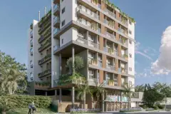 Perspectiva da fachada do Brizz Smart Stay de baixo para cima, com sacadas verdes e palmeiras — Brizz Smart Stay em Cachoeira do Bom Jesus, Florianópolis