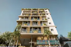 Piscina rasa no rooftop com espreguiçadeiras, cadeira de balanço e painel Brizz ao entardecer — Brizz Smart Stay em Cachoeira do Bom Jesus, Florianópolis