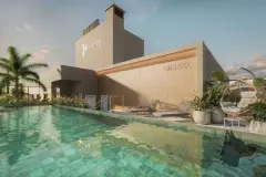 Terraço externo com mesas bistrô, cadeiras e guarda-sóis com vista para as montanhas — Brizz Smart Stay em Cachoeira do Bom Jesus, Florianópolis