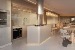Salão gourmet com bancada de madeira, banquetas, pendentes de rattan e mesas ao fundo com janelão — Brizz Smart Stay em Cachoeira do Bom Jesus, Florianópolis