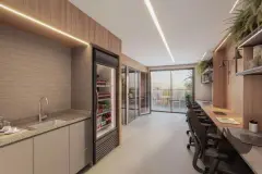 Sala integrada com cozinha americana, bancada, pendentes de vime, TV e sofás com estilo praiano — Brizz Smart Stay em Cachoeira do Bom Jesus, Florianópolis