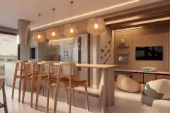 Sala de estar premium com sofá em L, mesa de jantar, island com tampo e cozinha branca com ilha — Brizz Smart Stay em Cachoeira do Bom Jesus, Florianópolis