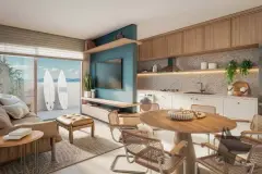 Suíte com cama de casal, puf branco, TV, poltrona, vista para as montanhas e sacada — Brizz Smart Stay em Cachoeira do Bom Jesus, Florianópolis