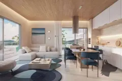 Sala integrada com cozinha em madeira, island com banquetas, TV e sofá com varanda ao fundo — Brizz Smart Stay em Cachoeira do Bom Jesus, Florianópolis
