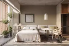Studio com cama de casal, sofá, mesa redonda, pendente e janelão com sacada e plantas — Brizz Smart Stay em Cachoeira do Bom Jesus, Florianópolis