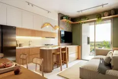 Sala integrada com cozinha em madeira, ilha, pendentes dourados, TV na parede e sacada com sol — Brizz Smart Stay em Cachoeira do Bom Jesus, Florianópolis