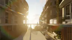 Perspectiva entre os dois blocos do Cacupé Náutico Residence ao pôr do sol com veleiro e mar ao fundo — Cacupé 4 Náutico Residence em Cacupé, Florianópolis