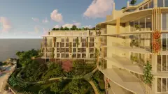 Perspectiva lateral do Cacupé Náutico Residence com jardim escalonado, varandas e vegetação na encosta à beira-mar — Cacupé 4 Náutico Residence em Cacupé, Florianópolis