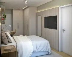 Dormitório com duas camas de solteiro, cabeceira cinza acolchoada, TV, janela com vista para jardim e mar — Cacupé 4 Náutico Residence em Cacupé, Florianópolis