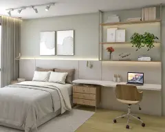 Sala de estar ampla com sofás brancos, poltronas verdes, mesa de jantar e janelões com vista para o mar do Cacupé — Cacupé 4 Náutico Residence em Cacupé, Florianópolis