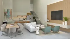 Home office integrado à suíte com banheira freestanding, espelho oval e estante em madeira — Cacupé 4 Náutico Residence em Cacupé, Florianópolis