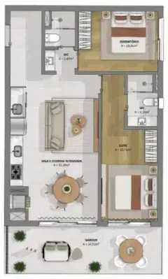 Planta baixa apartamento garden com suíte de 12,72 m², dormitório de 10,35 m², sala e cozinha integrada de 32,28 m² e garden de 14,51 m² — Cacupé 4 Náutico Residence em Cacupé, Florianópolis