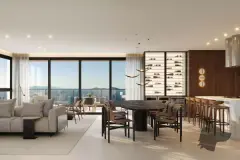 Sala integrada com mesa de jantar em mármore preto, sofá, adega embutida, ilha com banquetas e janelão com vista para a Baía — Cais by Nova em Centro, Florianópolis