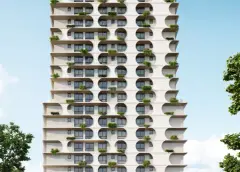 Fachada frontal completa do Cais by Nova, torre de 20 andares com varandas circulares e jardins — Cais by Nova em Centro, Florianópolis