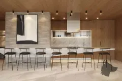 Gourmet do Cais by Nova com ilha em mármore, banquetas, cozinha em madeira e teto em ripas — Cais by Nova em Centro, Florianópolis