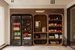 Mini market do Cais by Nova com geladeiras de bebidas, prateleiras com produtos e café automático — Cais by Nova em Centro, Florianópolis