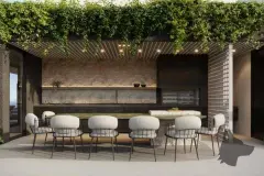 Área gourmet externa com mesa oval verde, cadeiras, churrasqueira, iluminação e cobertura viva com plantas — Cais by Nova em Centro, Florianópolis