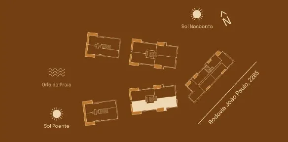 Implantação do Cobertura 01 B: posição entre as torres, sol nascente e poente, orla da praia