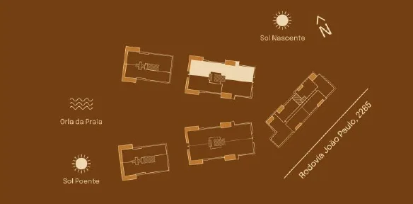 Implantação do Cobertura 01 C: posição entre as torres, sol nascente e poente, orla da praia