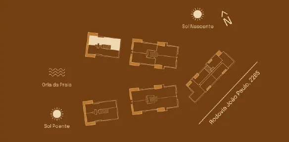 Implantação do Cobertura duplex 01 E: posição entre as torres, sol nascente e poente, orla da praia