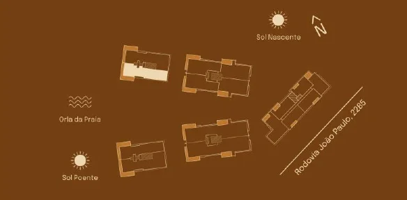 Implantação do Cobertura duplex 02 E: posição entre as torres, sol nascente e poente, orla da praia