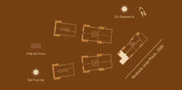 Implantação do Final 01 A: posição entre as torres, sol nascente e poente, orla da praia