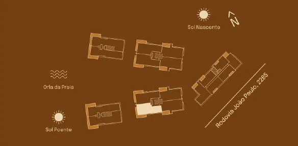 Implantação do Final 01 B: posição entre as torres, sol nascente e poente, orla da praia